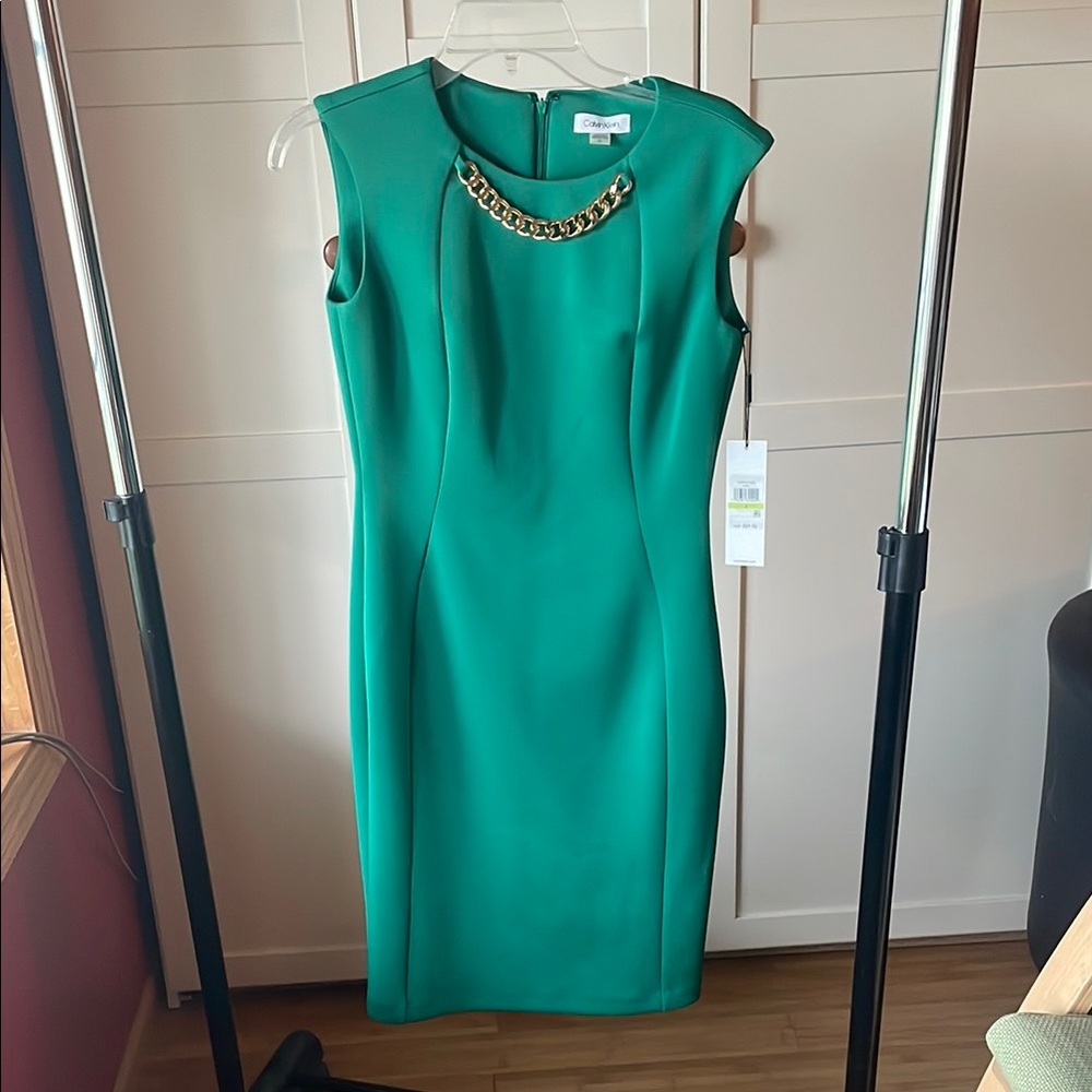Calvin Klein Green Sleeveless Dress w/ Gold Chain Detail
